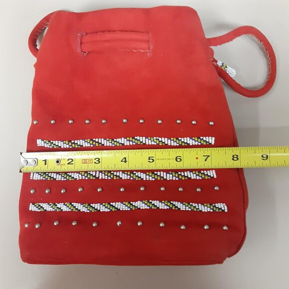 Vintage Ladies Red Suede Hand beaded drawstring bag Southwestern - Picture 11 of 12